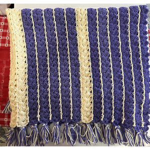 Handmade Crochet Afghan Throw Blanket Purple Cream Fringe 40x54